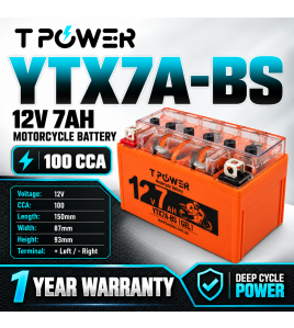 TPower YTX7A-BS 12V 7Ah GEL Motorcycle Battery 100 CCA