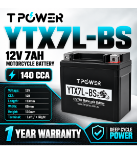 TPower YTX7L-BS 12V 7Ah GEL Motorcycle Battery 140 CCA