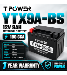 TPower YTX9-BS 12V 9Ah GEL Motorcycle Battery 180 CCA