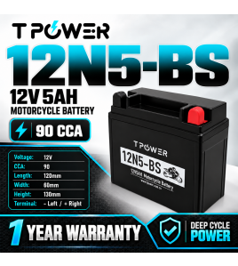 TPower 12N5-BS 12V 5Ah Sealed Motorcycle Battery 90 CCA