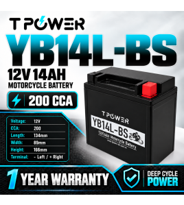 TPower YB14L-BS 12V 14Ah Sealed Motorcycle Battery 200-220 CCA