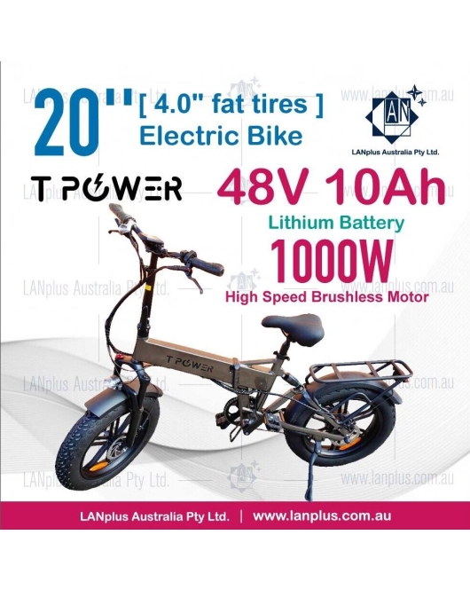 Tpower 20" Mountain Folding eBike 1000W Brushless 48V 10Ah LCD 4" Fat Tires AU