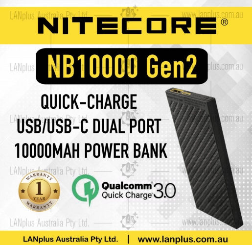 NITECOR NB10000 GEN 2 QC USB/USB-C Dual Port 10000mAh Lightweight Powerbank