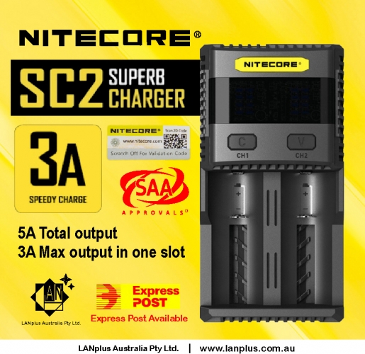 Nitecore SC2 3A 2 slot Super Charger 4 20700 Lithium18650 Li-ion w/ 2.1A USB Out