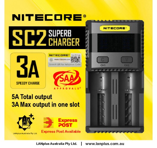 Nitecore SC2 3A 2 slot Super Charger 4 20700 Lithium18650 Li-ion w/ 2.1A USB Out