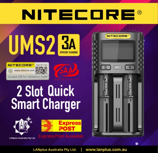 Nitecore UMS2 3A Smart Battery Charger 2-Slot Li-ion Ni-Cd Ni-MH CR123A AAA i2