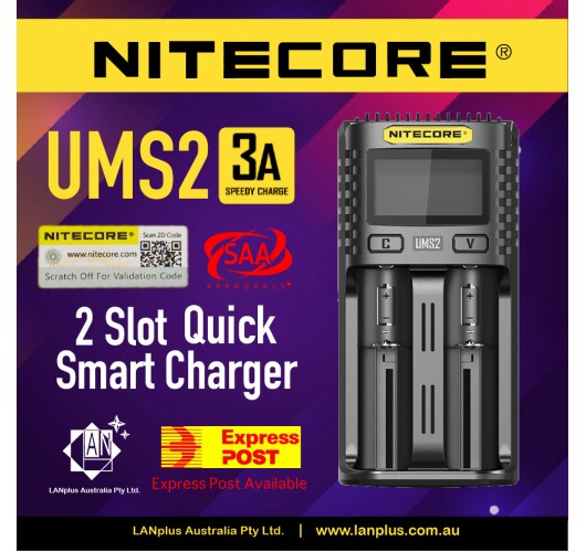 Nitecore UMS2 3A Smart Battery Charger 2-Slot Li-ion Ni-Cd Ni-MH CR123A AAA i2