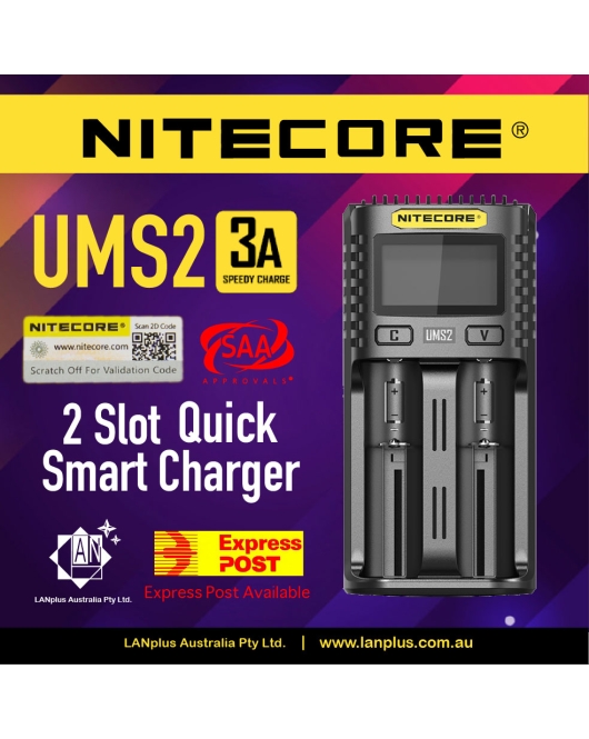 Nitecore UMS2 3A Smart Battery Charger 2-Slot Li-ion Ni-Cd Ni-MH CR123A AAA i2