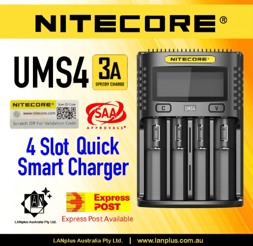 Nitecore UMS4 3A Smart Battery Charger 4-Slot Li-ion Ni-Cd Ni-MH 18650 AA i4 D4