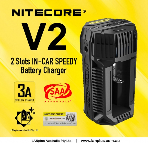 Nitecore V2 3A 2-Slots In Car Battery Charger 12V Lighter Adapter USB 18650 2665