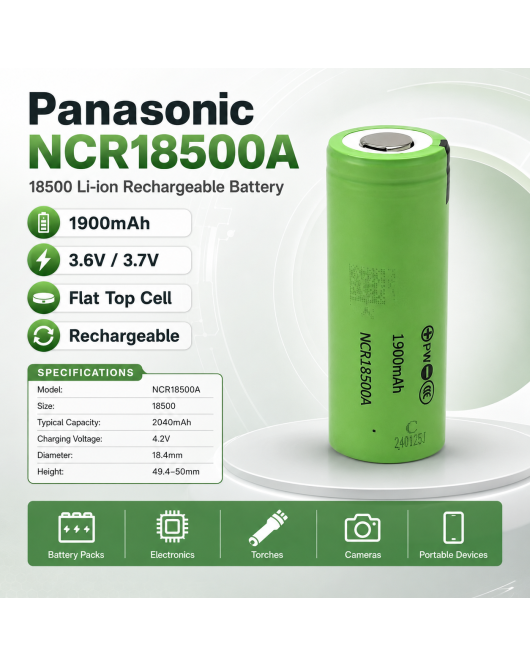 2x Panasonic NCR18500A 18500 1900mAh Li Ion Rechargeable Flat Top Battery AU