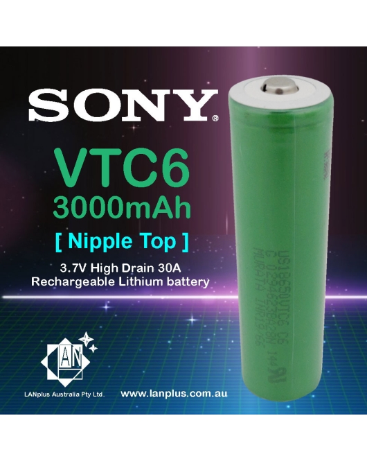 Sony VTC6 Lithium Battery 3000mAh 3.7V High Drain 30A Nipple Top Battery