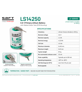 2x SAFT LS14250 3.6V 1/2 AA 1200mAh Lithium Battery Solder Tabs Li-SOCl2