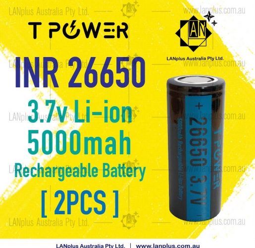 2x Tpower INR 26650 3.7V 5000mAh 20A High Drain Rechargeable li-ion Battery