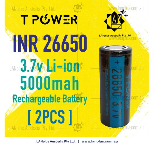 2x Tpower INR 26650 3.7V 5000mAh 20A High Drain Rechargeable li-ion Battery