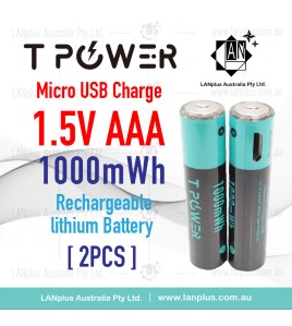 2X Tpower AAA 1.5V Micro USB Rechargeable Lithium 1000mWh Battery 1000+ Cycle