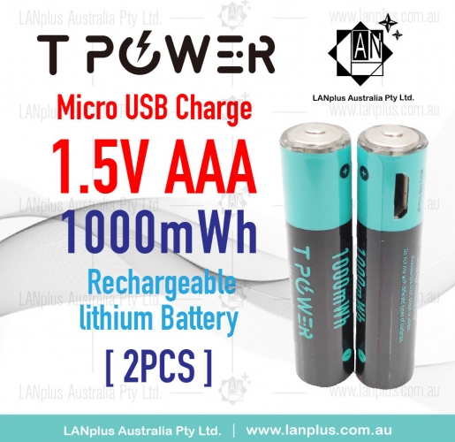 2X Tpower AAA 1.5V Micro USB Rechargeable Lithium 1000mWh Battery 1000+ Cycle