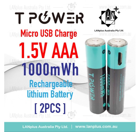 2X Tpower AAA 1.5V Micro USB Rechargeable Lithium 1000mWh Battery 1000+ Cycle