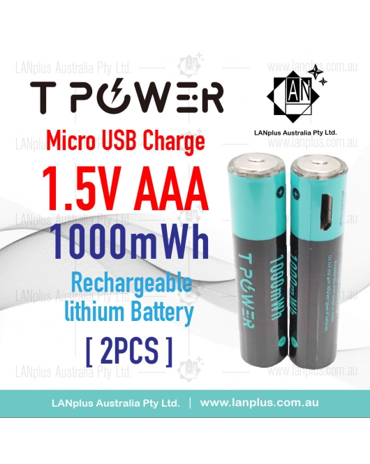 2X Tpower AAA 1.5V Micro USB Rechargeable Lithium 1000mWh Battery 1000+ Cycle