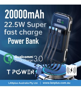 20000mAh QC3.0 PD22.5W Fast Charger LCD Display Power Bank Android Iphone cable