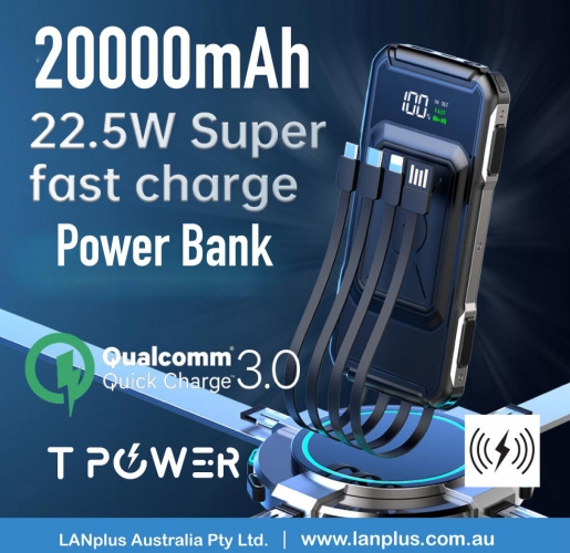 20000mAh QC3.0 PD22.5W Fast Charger LCD Display Power Bank Android Iphone cable