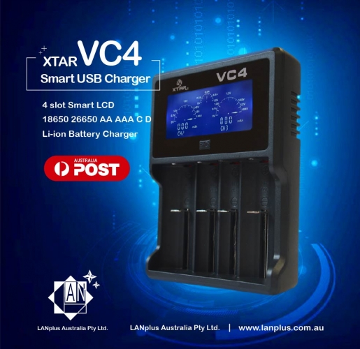 Brand New XTAR VC4 4-Slot Smart LCD USB Charger 18650 26650 AA AAA C D Li-ion NiMH Revive