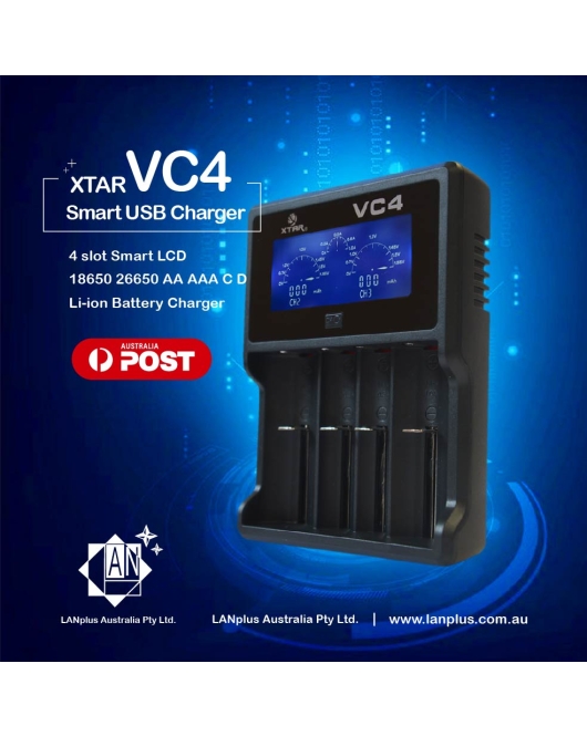 Brand New XTAR VC4 4-Slot Smart LCD USB Charger 18650 26650 AA AAA C D Li-ion NiMH Revive