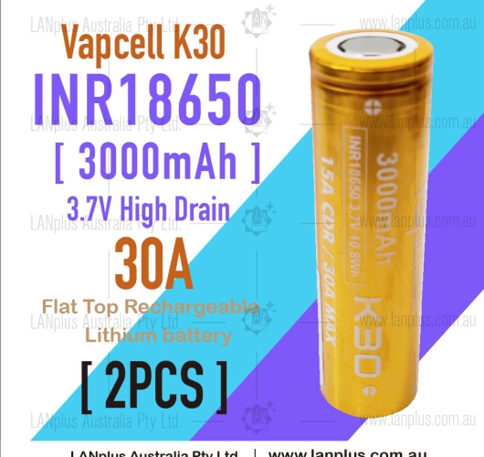 2x Vapcell K30 18650 3000mAh 30A 3.7V HIGH CURRENT Rechargeable lithium Battery