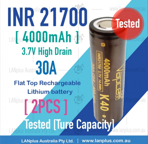2x Vapcell K40 21700 Battery 4000mAh 30A Lithium Battery 