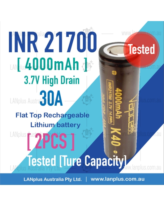 2x Vapcell K40 21700 Battery 4000mAh 30A Lithium Battery 