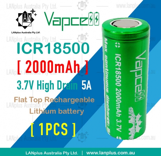1x Vapcell ICR18500 2000mAh 5A Lithium High Drain Flat Top Rechargeable battery