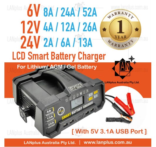 6V 52A 12V 26A 24V 13A Smart Battery Charger AGM Gel Lithium battery 5V 3.1A USB port