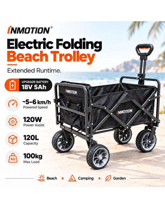 INMOTION Electric Folding Beach Trolley 120L 100kg – 18V 5Ah Extended Runtime