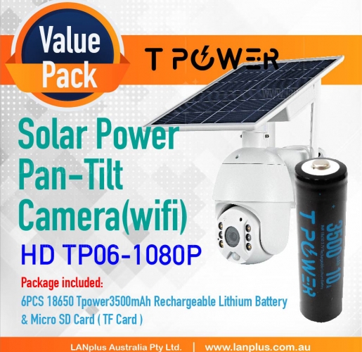 Wireless HD 1080P Pan Tilt WIFI Solar Panel Security Camera & Tpower 3500mAh Batteries & TF