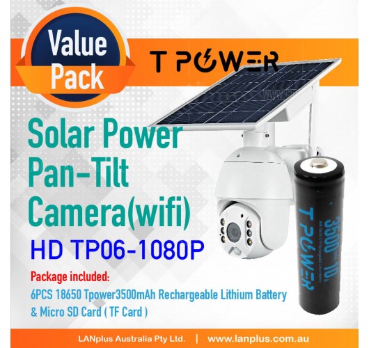 Wireless HD 1080P Pan Tilt WIFI Solar Panel Security Camera & Tpower 3500mAh Batteries & TF