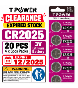 TPower CR2025 3V Lithium Coin Battery 20 Pack – Expired Clearance, Sold As Is