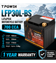 TPower LFP30L-BS 12V 700CCA LiFePO4 Motorcycle Battery YTX30L-BS YIX30L