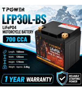 TPower LFP30L-BS 12V 700CCA LiFePO4 Motorcycle Battery YTX30L-BS YIX30L