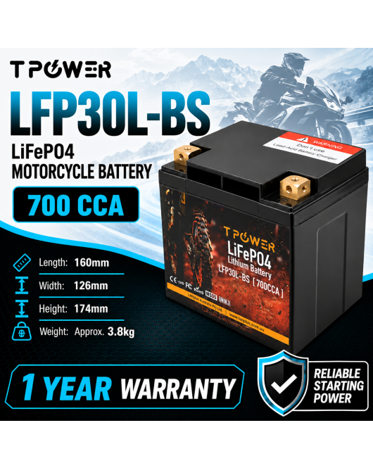 TPower LFP30L-BS 12V 700CCA LiFePO4 Motorcycle Battery YTX30L-BS YIX30L