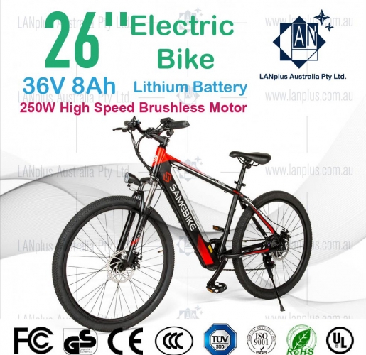 Samebike 26" Mountain eBike 250W Brushless 36V 8Ah Shimano 7 speed LED Meter -black